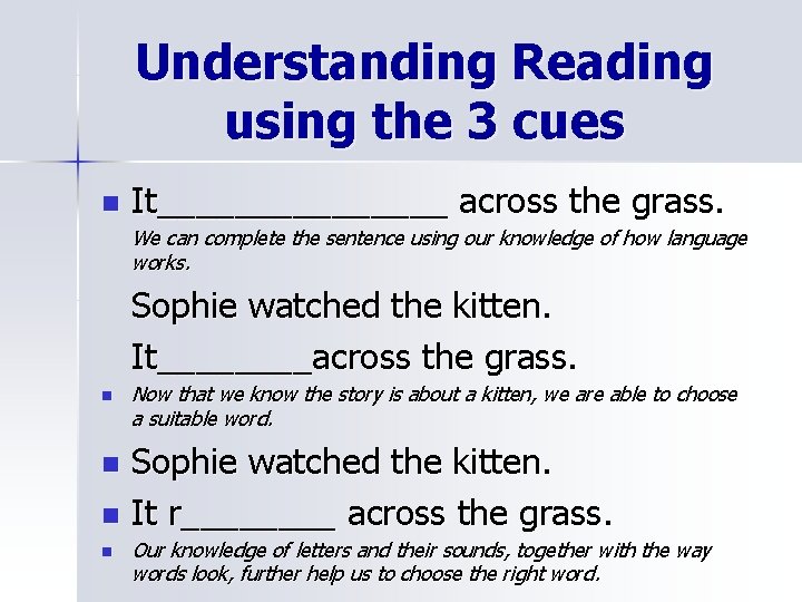 Understanding Reading using the 3 cues n It________ across the grass. We can complete
