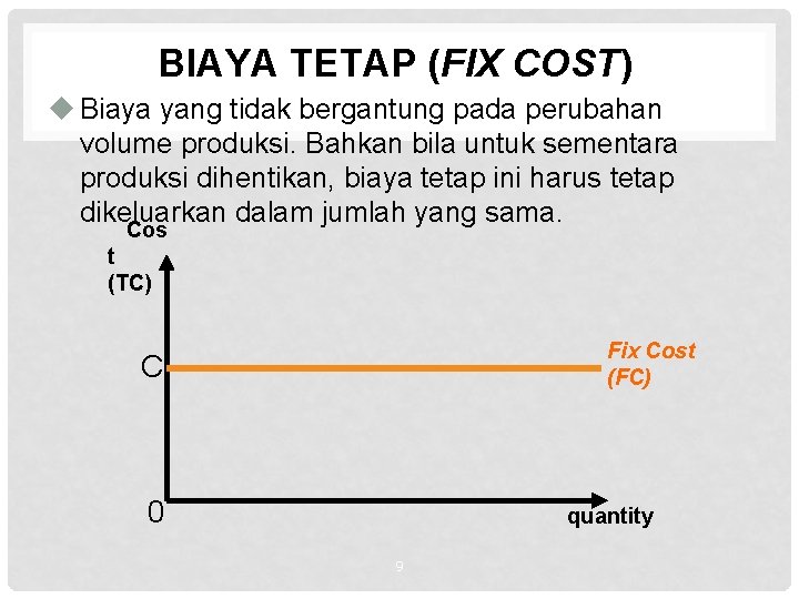 BIAYA TETAP (FIX COST) u Biaya yang tidak bergantung pada perubahan volume produksi. Bahkan