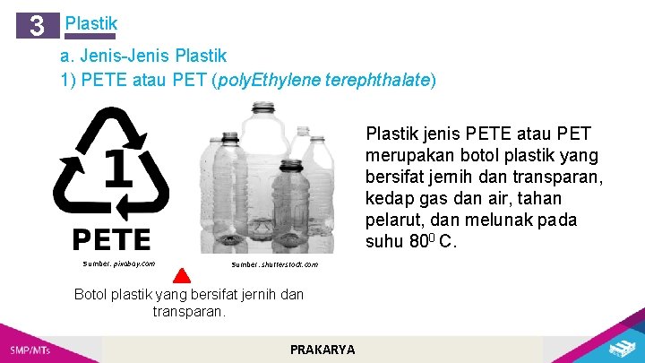 3 Plastik a. Jenis-Jenis Plastik 1) PETE atau PET (poly. Ethylene terephthalate) Plastik jenis