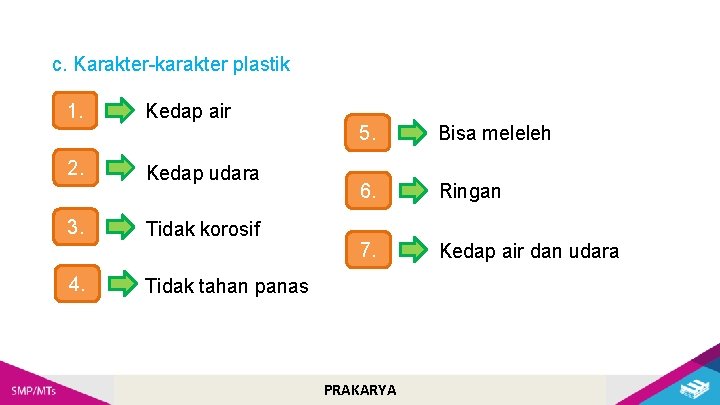 c. Karakter-karakter plastik 1. 2. 3. 4. Kedap air Kedap udara Tidak korosif 5.