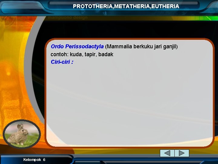 PROTOTHERIA, METATHERIA, EUTHERIA Ordo Perissodactyla (Mammalia berkuku jari ganjil) contoh: kuda, tapir, badak Ciri-ciri