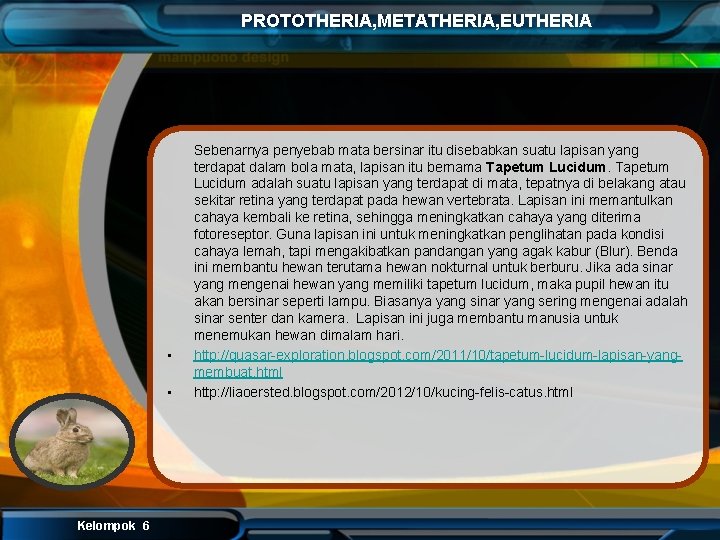 PROTOTHERIA, METATHERIA, EUTHERIA • • Kelompok 6 Sebenarnya penyebab mata bersinar itu disebabkan suatu