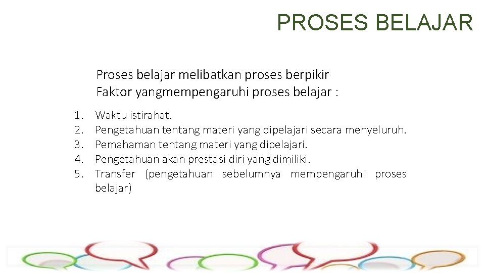 PROSES BELAJAR Proses belajar melibatkan proses berpikir Faktor yangmempengaruhi proses belajar : 1. 2.