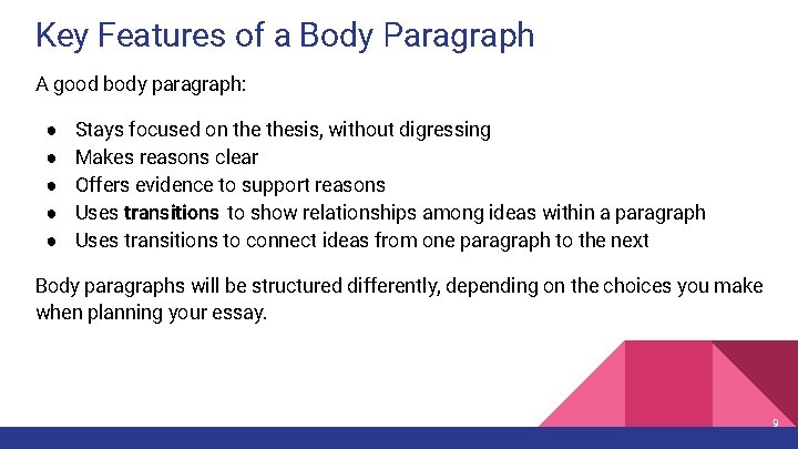 Key Features of a Body Paragraph A good body paragraph: ● ● ● Stays