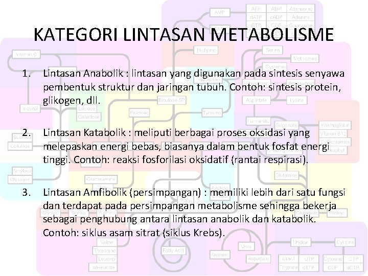 KATEGORI LINTASAN METABOLISME 1. Lintasan Anabolik : lintasan yang digunakan pada sintesis senyawa pembentuk