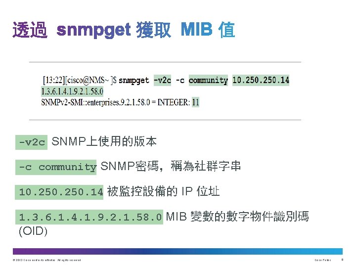 -v 2 c SNMP上使用的版本 -c community SNMP密碼，稱為社群字串 10. 250. 14 被監控設備的 IP 位址 1.