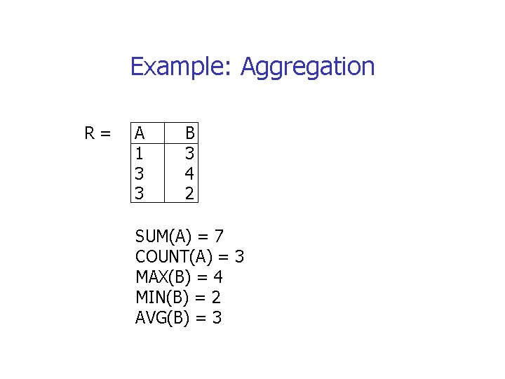Example: Aggregation R= A 1 3 3 B 3 4 2 SUM(A) = 7
