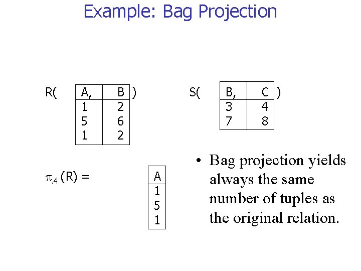 Example: Bag Projection R( A, 1 5 1 A (R) = B ) 2