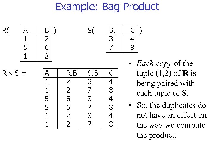 Example: Bag Product R( A, 1 5 1 R S= B ) 2 6