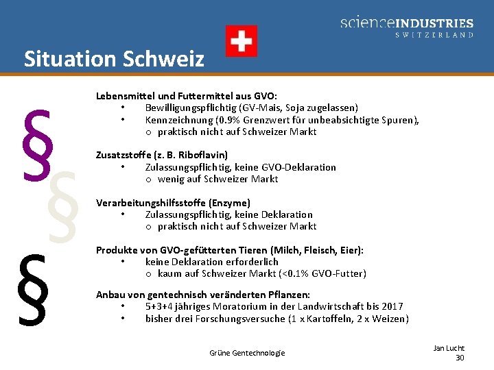 Situation Schweiz § § § Lebensmittel und Futtermittel aus GVO: • Bewilligungspflichtig (GV-Mais, Soja