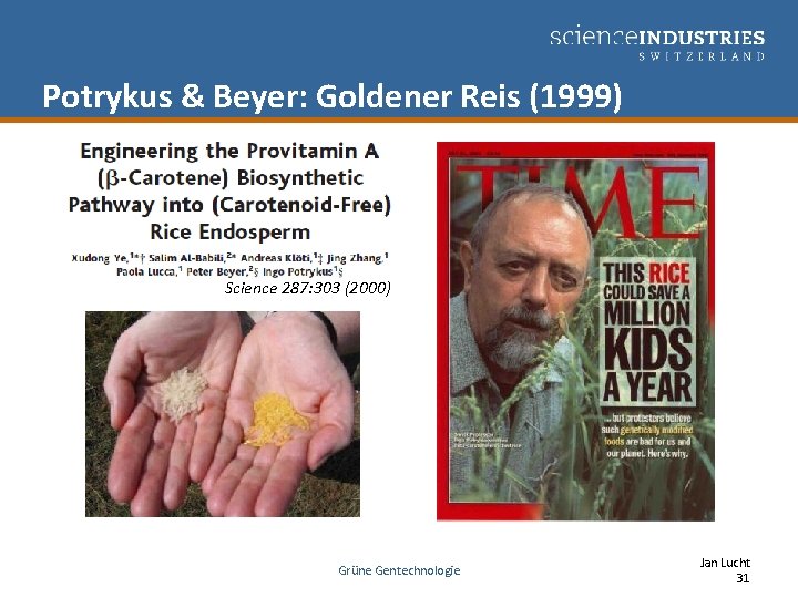 Potrykus & Beyer: Goldener Reis (1999) Science 287: 303 (2000) Grüne Gentechnologie Jan Lucht