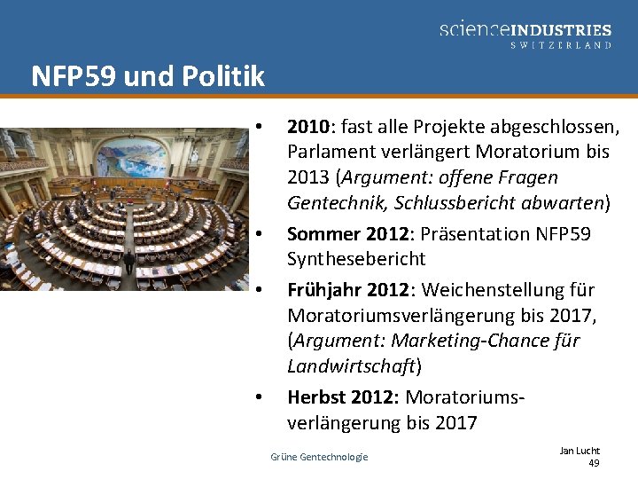 NFP 59 und Politik • • 2010: fast alle Projekte abgeschlossen, Parlament verlängert Moratorium