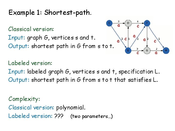 Example 1: Shortest-path. a Classical version: Input: graph G, vertices s and t. a