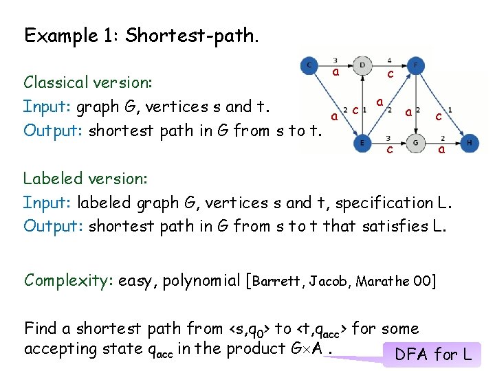 Example 1: Shortest-path. a Classical version: Input: graph G, vertices s and t. a