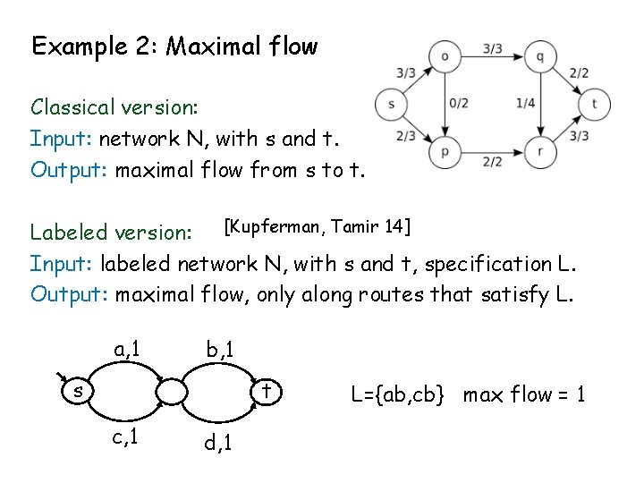 Example 2: Maximal flow Classical version: Input: network N, with s and t. Output: