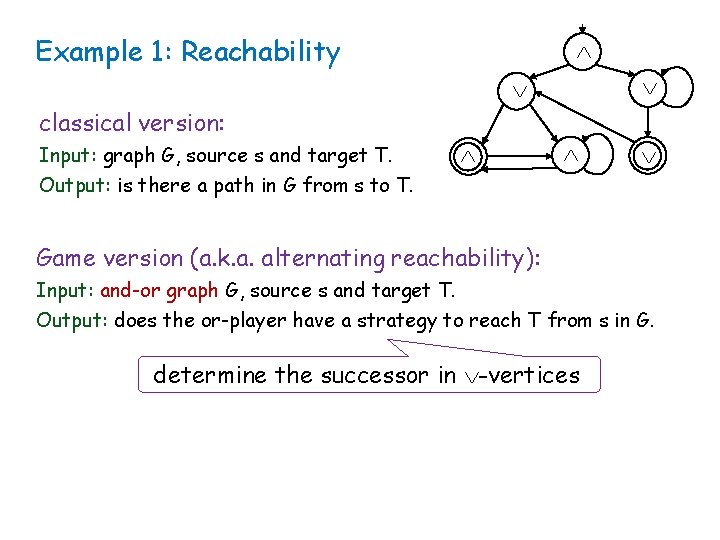 Example 1: Reachability classical version: Input: graph G, source s and target T. Output: