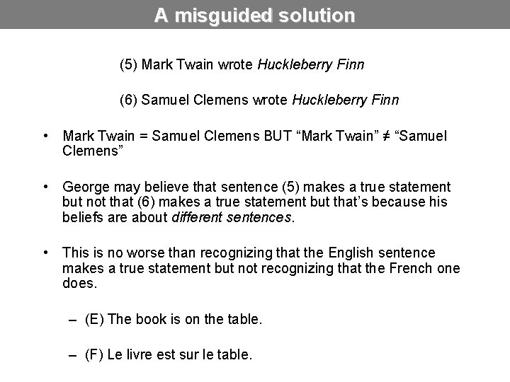 A misguided solution (5) Mark Twain wrote Huckleberry Finn (6) Samuel Clemens wrote Huckleberry