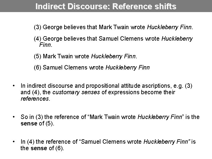 Indirect Discourse: Reference shifts (3) George believes that Mark Twain wrote Huckleberry Finn. (4)