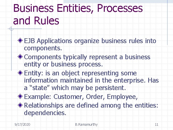 Business Entities, Processes and Rules EJB Applications organize business rules into components. Components typically