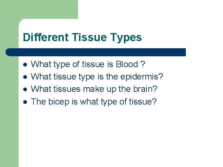 Different Tissue Types l l What type of tissue is Blood ? What tissue