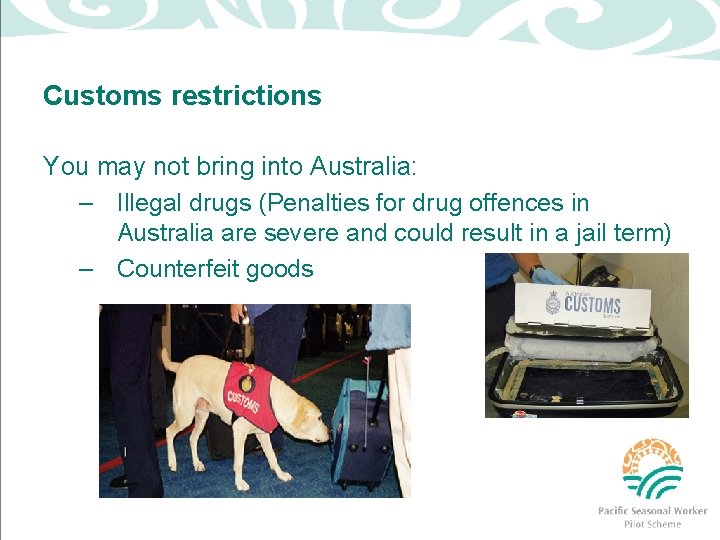 Customs restrictions You may not bring into Australia: – Illegal drugs (Penalties for drug