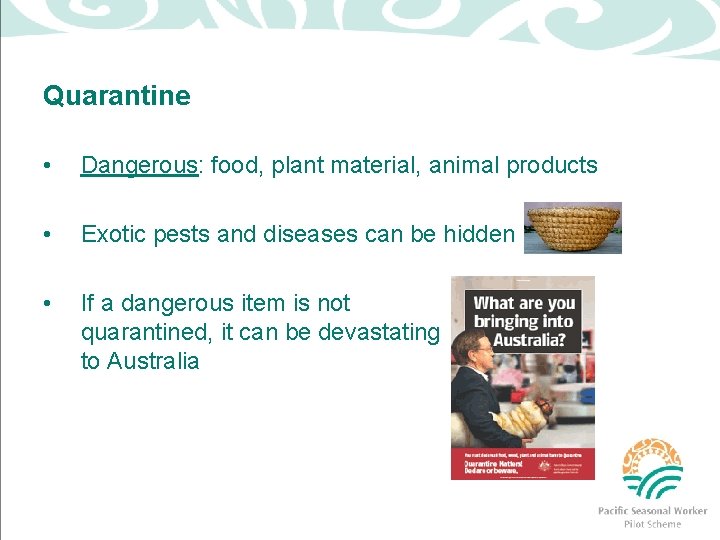 Quarantine • Dangerous: food, plant material, animal products • Exotic pests and diseases can