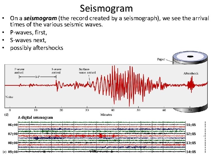 Seismogram • On a seismogram (the record created by a seismograph), we see the
