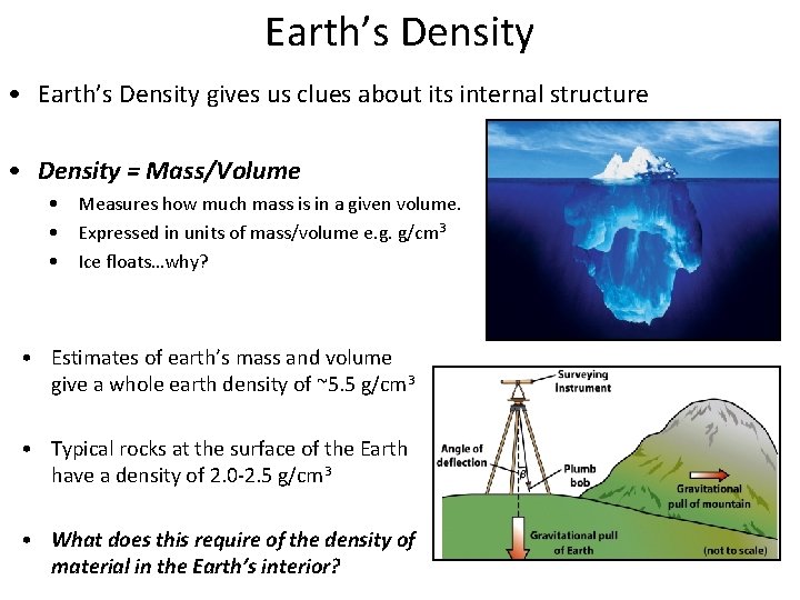 Earth’s Density • Earth’s Density gives us clues about its internal structure • Density