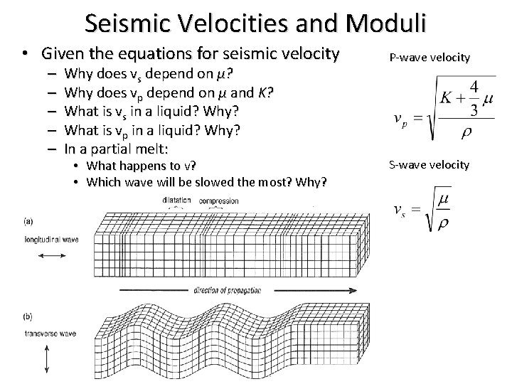 Seismic Velocities and Moduli • Given the equations for seismic velocity – – –