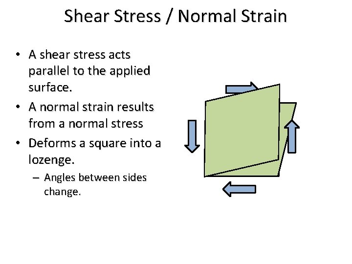 Shear Stress / Normal Strain • A shear stress acts parallel to the applied