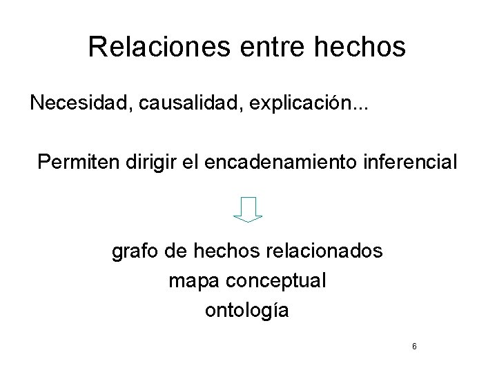 Relaciones entre hechos Necesidad, causalidad, explicación. . . Permiten dirigir el encadenamiento inferencial grafo