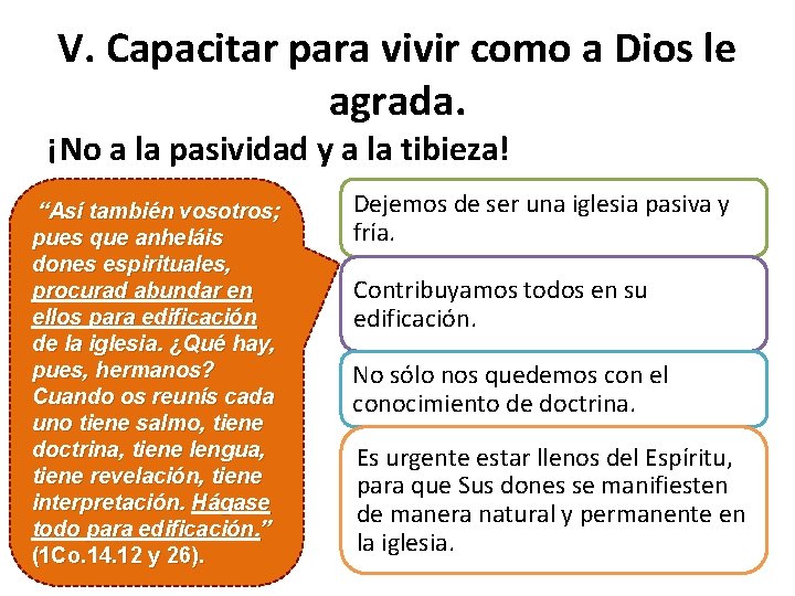 V. Capacitar para vivir como a Dios le agrada. ¡No a la pasividad y