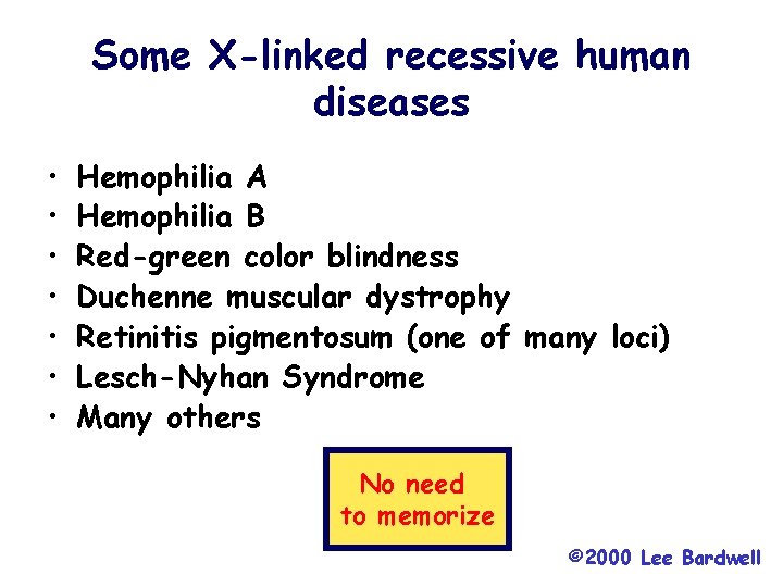 Some X-linked recessive human diseases • • Hemophilia A Hemophilia B Red-green color blindness