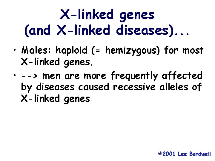 X-linked genes (and X-linked diseases). . . • Males: haploid (= hemizygous) for most