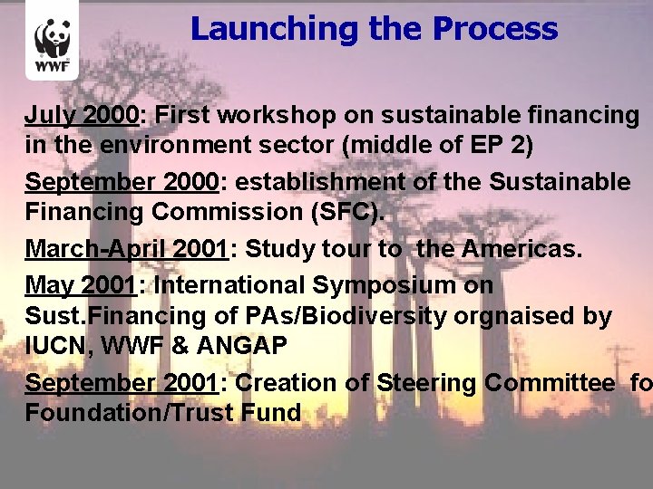 Launching the Process July 2000: First workshop on sustainable financing in the environment sector