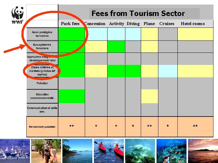 Fees from Tourism Sector Park fees Concession Activity Diving Plane Cruises Hotel rooms 