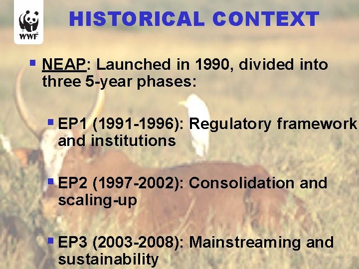 HISTORICAL CONTEXT § NEAP: Launched in 1990, divided into three 5 -year phases: §