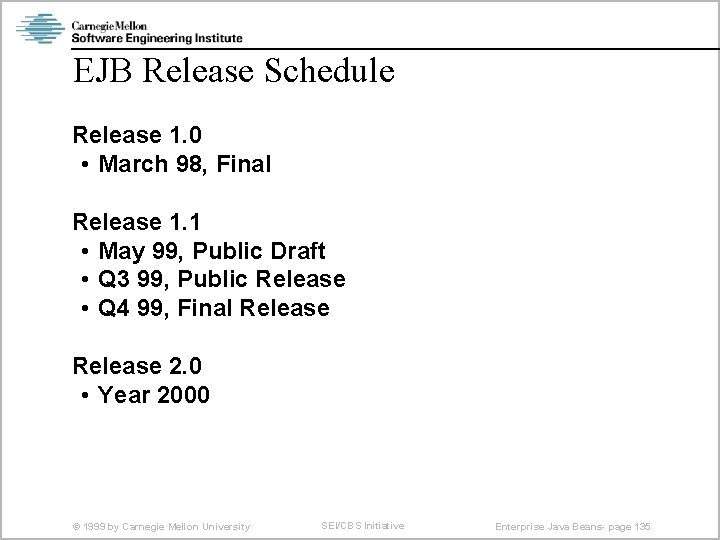 EJB Release Schedule Release 1. 0 • March 98, Final Release 1. 1 •