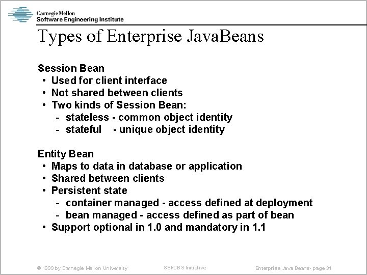 Types of Enterprise Java. Beans Session Bean • Used for client interface • Not