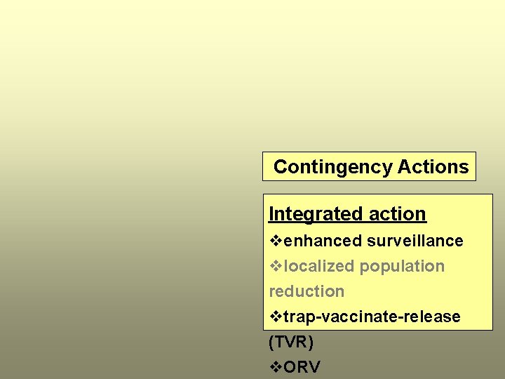 Contingency Actions Integrated action venhanced surveillance vlocalized population reduction vtrap-vaccinate-release (TVR) v. ORV 