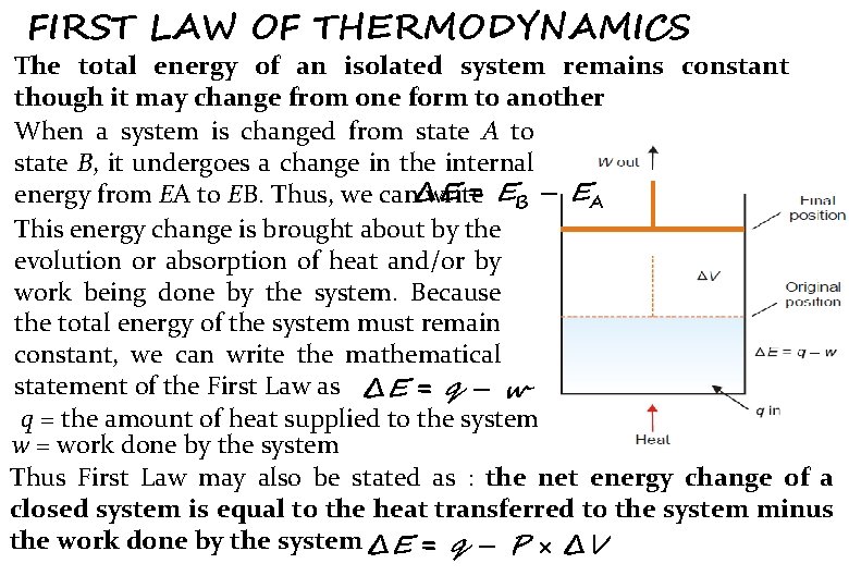 FIRST LAW OF THERMODYNAMICS The total energy of an isolated system remains constant though