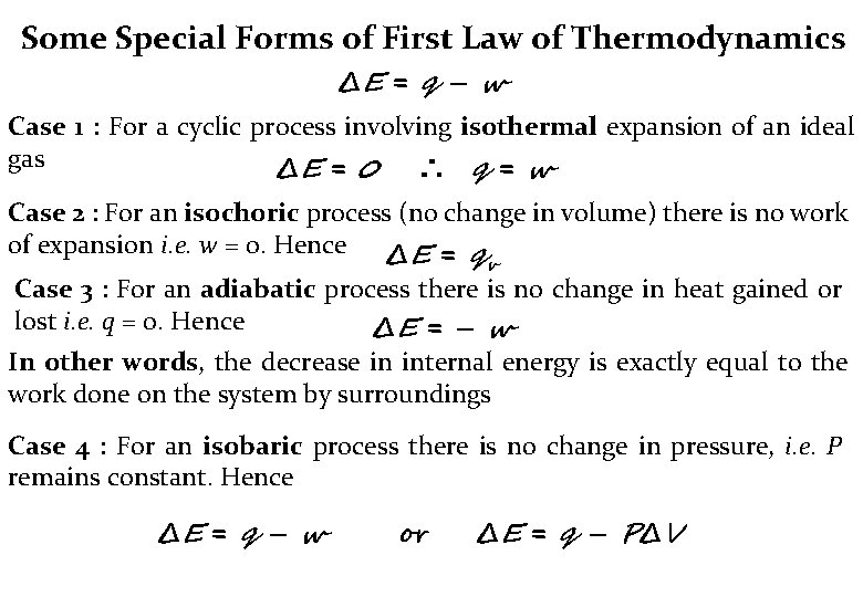Some Special Forms of First Law of Thermodynamics ΔE = q – w Case