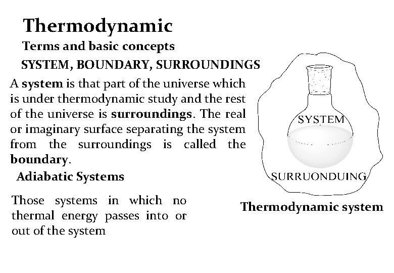 Thermodynamic Terms and basic concepts SYSTEM, BOUNDARY, SURROUNDINGS A system is that part of