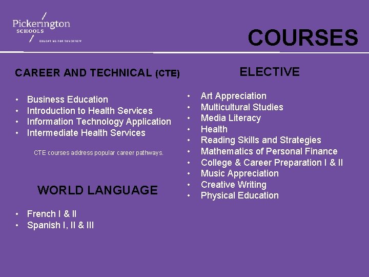 COURSES ELECTIVE CAREER AND TECHNICAL (CTE) • • Business Education Introduction to Health Services