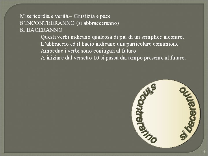 Misericordia e verità – Giustizia e pace S’INCONTRERANNO (si abbracceranno) SI BACERANNO Questi verbi