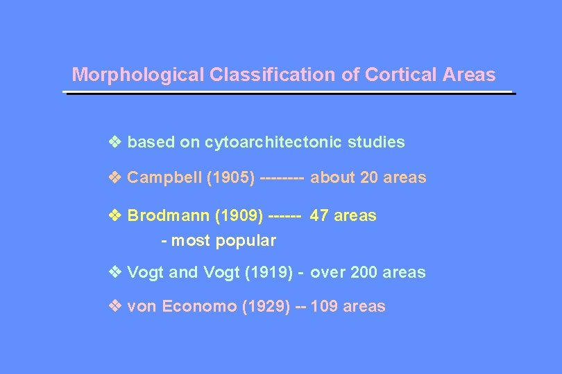 Morphological Classification of Cortical Areas based on cytoarchitectonic studies Campbell (1905) ---- about 20