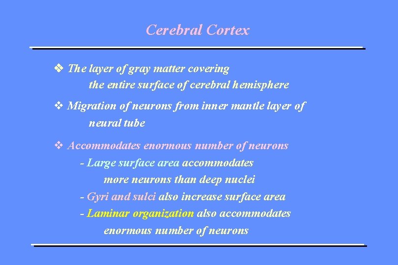 Cerebral Cortex The layer of gray matter covering the entire surface of cerebral hemisphere