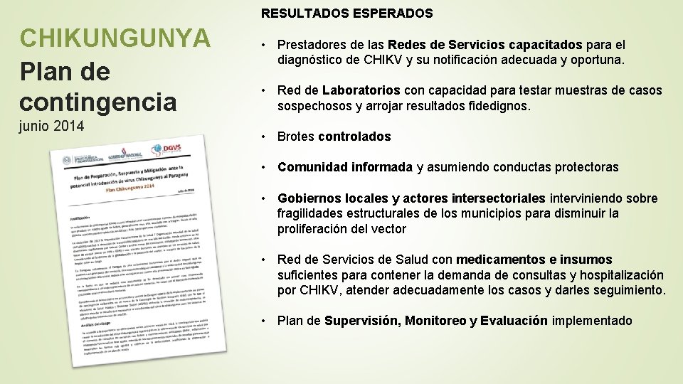 RESULTADOS ESPERADOS CHIKUNGUNYA Plan de contingencia junio 2014 • Prestadores de las Redes de RESULTADOS ESPERADOS CHIKUNGUNYA Plan de contingencia junio 2014 • Prestadores de las Redes de