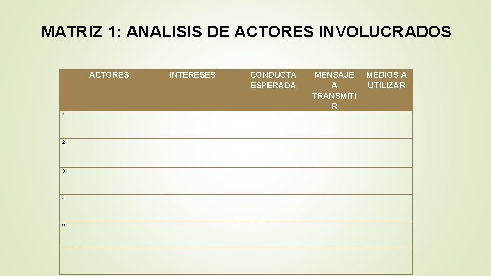 MATRIZ 1: ANALISIS DE ACTORES INVOLUCRADOS ACTORES INTERESES CONDUCTA ESPERADA MENSAJE A TRANSMITI R MATRIZ 1: ANALISIS DE ACTORES INVOLUCRADOS ACTORES INTERESES CONDUCTA ESPERADA MENSAJE A TRANSMITI R