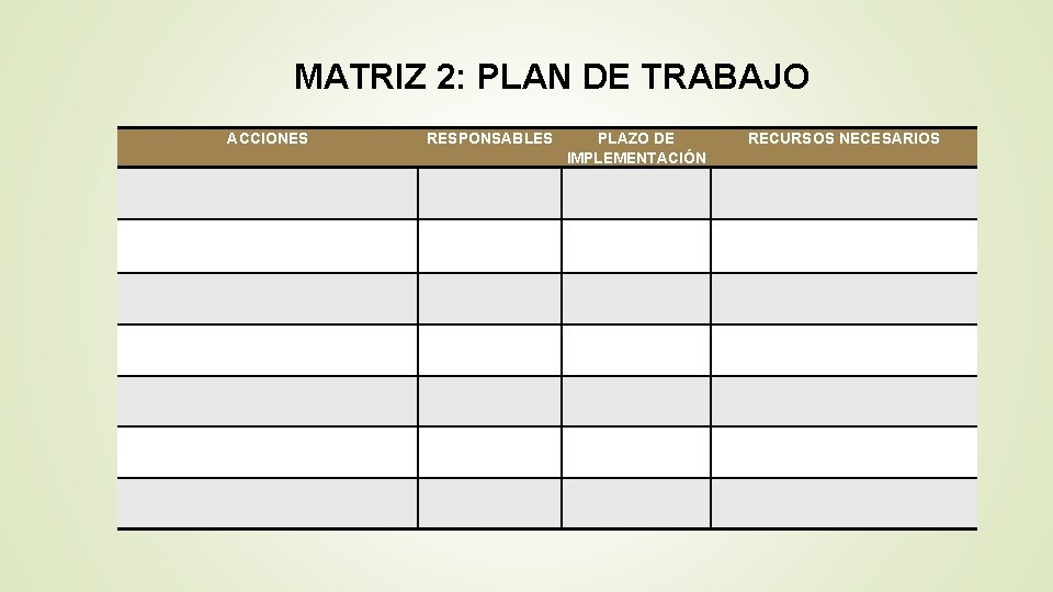 MATRIZ 2: PLAN DE TRABAJO ACCIONES RESPONSABLES PLAZO DE IMPLEMENTACIÓN RECURSOS NECESARIOS MATRIZ 2: PLAN DE TRABAJO ACCIONES RESPONSABLES PLAZO DE IMPLEMENTACIÓN RECURSOS NECESARIOS